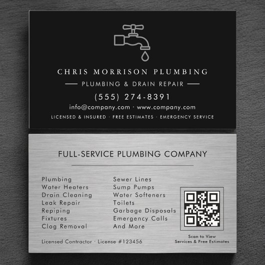 Plumbing Company Silver Metallic QR Code Visitekaartje