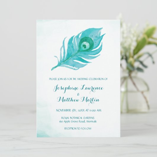 Plume de paon Monogramme Invitations de mariage (Debout devant)