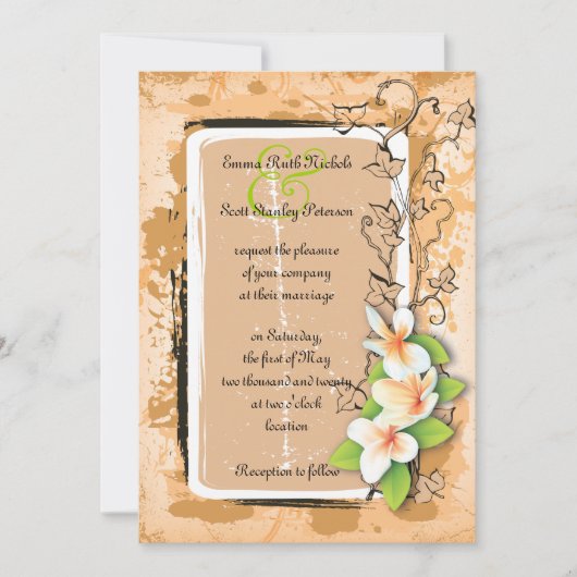 Plumeria blanche vintage invitation lierre orange (Devant)