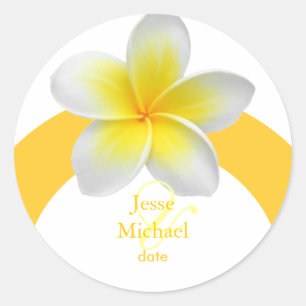 Plumeria bruiloft stickers, aangepaste trim ronde sticker