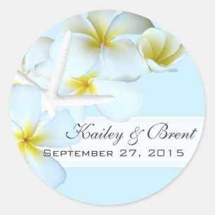 Plumeria en zeesterren, blauw rond Favor Label