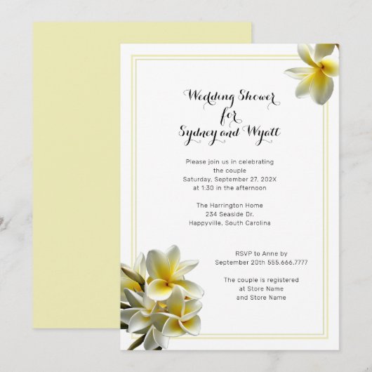 Plumeria Fleur Jaune Wedding shower Invitation (Devant / Derrière)