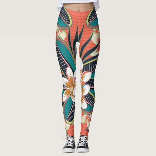 Plumeria Fleurs Bleu Beige Vert Couleurs Leggings (Devant)