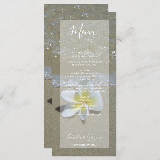 Plumeria Frangipani op zand bruiloft Menu (Voorkant / Achterkant)