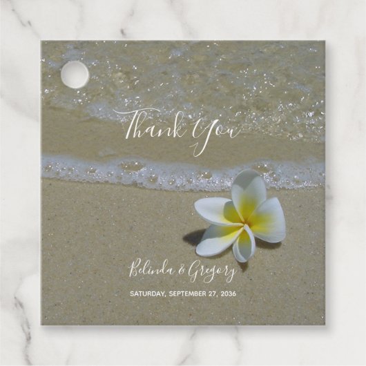 Plumeria Frangipani over zand bruiloft Bedankjes Labels (Voorkant)