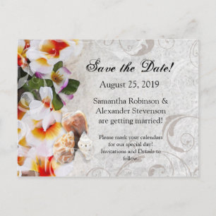 Plumeria Orchid Lei Sand Beach Save the Date Kaart