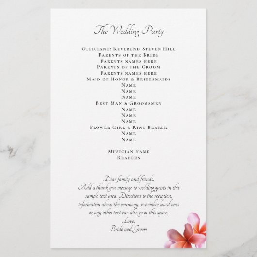 Plumeria rose Fleurs Programme de mariage plat
