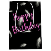 Plumes d'anniversaire sur sac cadeau moyen noir (Devant)