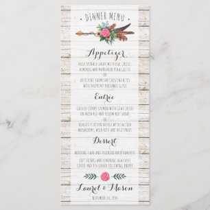 Plumes de Bohême rustique Flèche Menu Mariage Dîne