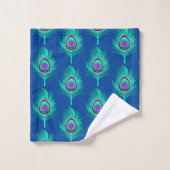 Plumes de paon, Aqua sur le bleu profond de Cobalt (Gant de toilette)