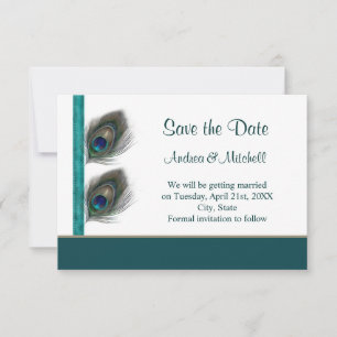 Plumes de paon bleu-vert Invitation Save the date