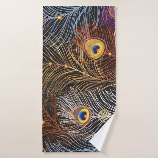 Plumes de paon doré : motif foncé. (Serviette de bain)