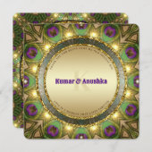 Plumes de paon dorées scintillantes Invitation de  (Devant / Derrière)