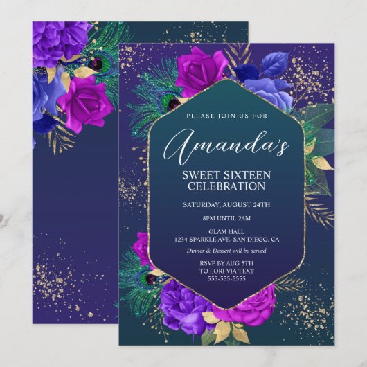 Plumes de paon et Invitation d'anniversaire floral (Devant / Derrière)