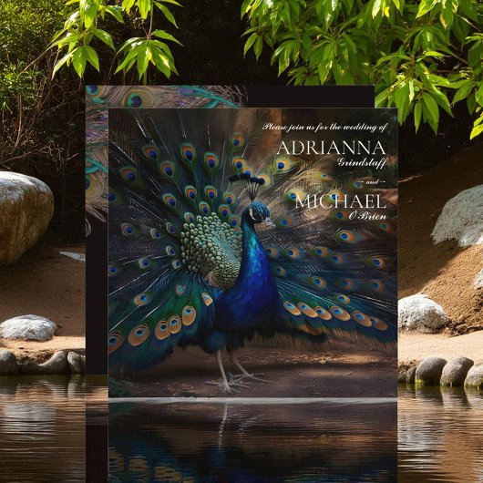 Plumes de paon sur Faire-part de mariage noir