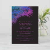 Plumes de paon sur Faire-part de mariage noir (Debout devant)