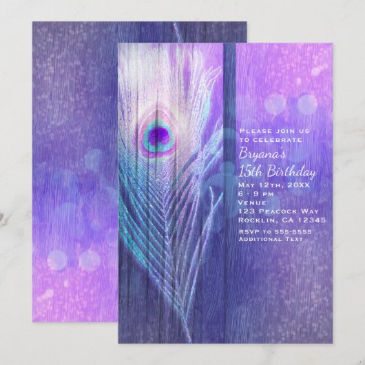 Plumes de paon violet Glam Boho Invitations (Devant / Derrière)
