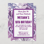 Plumes de paon violet Invitations de fête d'annive (Devant / Derrière)