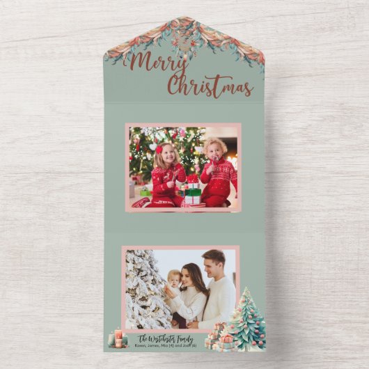 Plumes de saumon rose et vert Carte de Noël photo (À l'intérieur)