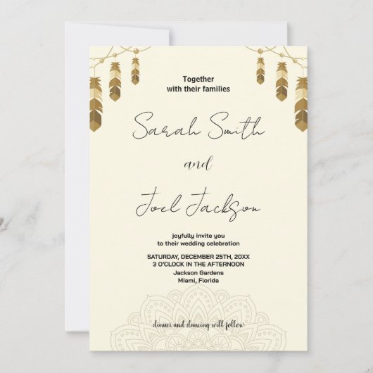 Plumes dorées et Art Beige Mariage Invitations (Devant)