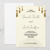 Plumes dorées et Art Beige Mariage Invitations (Devant / Derrière)