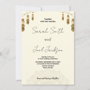 Plumes dorées et Art Beige Mariage Invitations