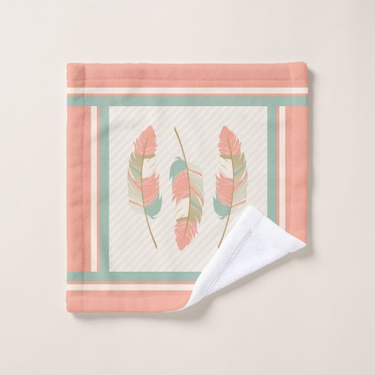 Plumes en Crème, Corail et Vert Menthe (Gant de toilette)