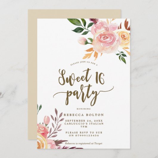 plumes florales boho Sweet 16 invitation (Devant / Derrière)