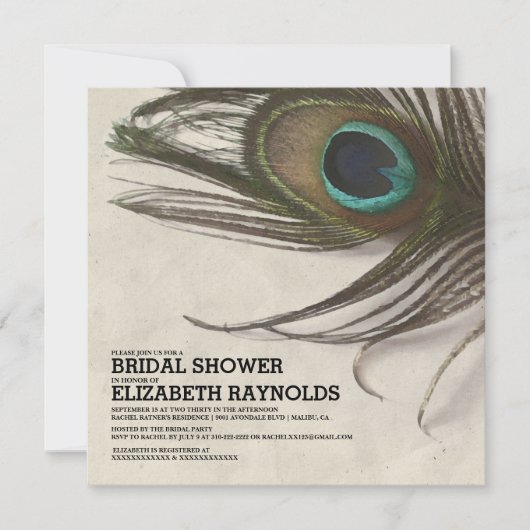 Plumes Peacock Antique Invitations de douche nupti (Devant)