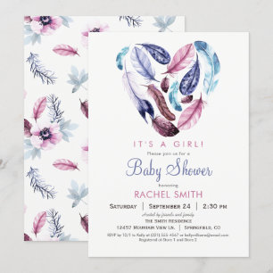 Plumes rose et violet Baby shower Invitation