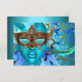 Plumes Turquoise or Masque Masquerade Party RSVP (Devant / Derrière)