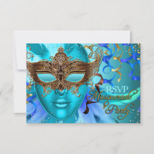 Plumes Turquoise or Masque Masquerade Party RSVP