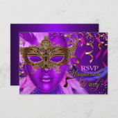 Plumes violet & masque or Masquerade Party RSVP (Devant / Derrière)