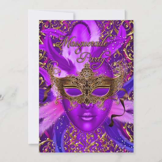 Plumes violet & or Masque Masquerade Invitation de (Devant)