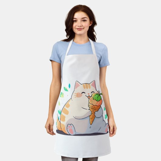 Plump Cat Enjoying Ice Cream – Whimsical Summer Ap Schort (Gedragen)