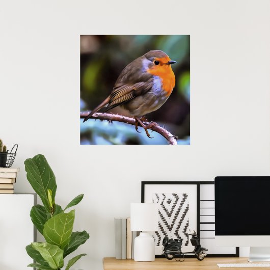 Plump Robin Perched on a Branch Wildlife Art Poster (Thuiskantoor)