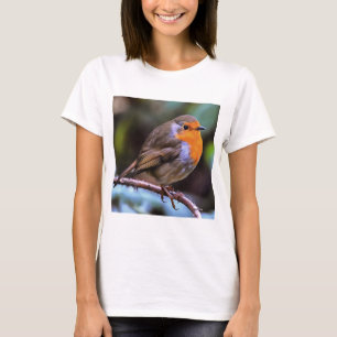Plump Robin Perched on a Branch Wildlife Art T-shirt