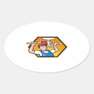 Plumwerknemer met verstelbare moersleutel ovale sticker