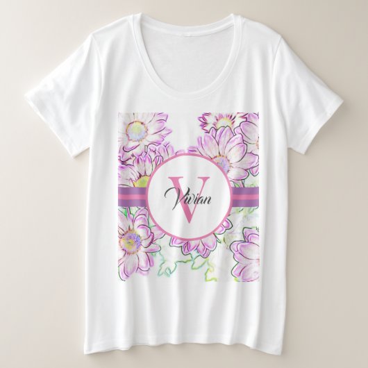 Plus formaat Monogrammed White en Paars T-shirt (Design voorkant)