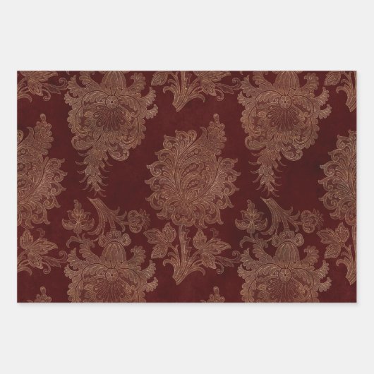 Plush Burgundy Red en Gold Damask Inpakpapier Vel (Voorkant 3)