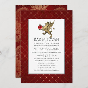 Plush Red and Gold Damask en Lattice Bar Mitzvah Kaart