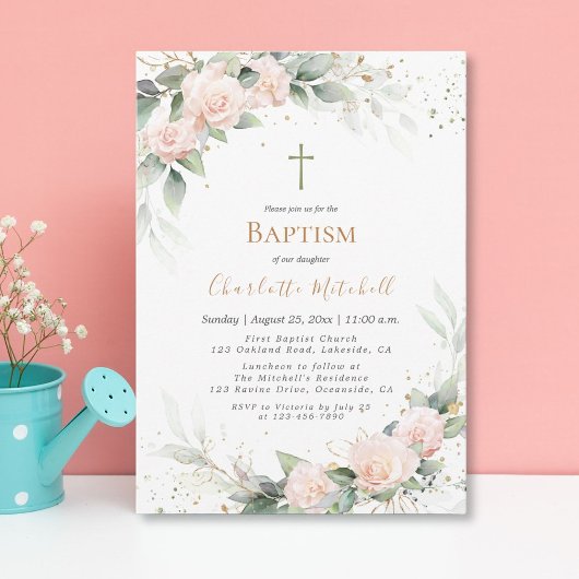 Plutôt Blush rose Floral Baptême Invitation