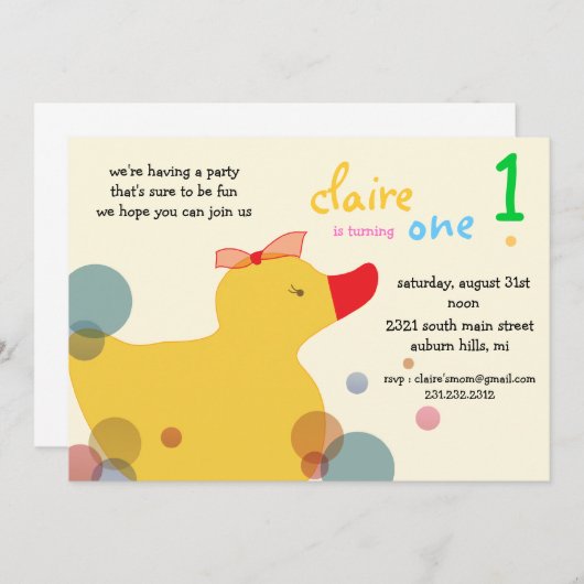 Plutôt Ducky - Invitations d'anniversaire jaunes (Devant / Derrière)