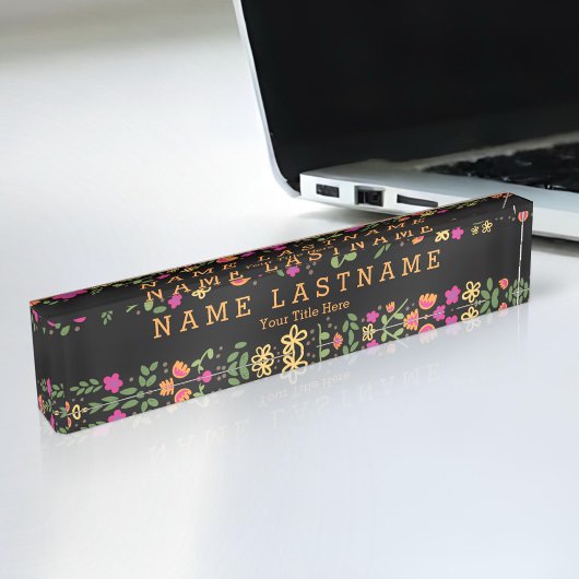 Plutôt rose Floral Personnalisé noir bureau plaque