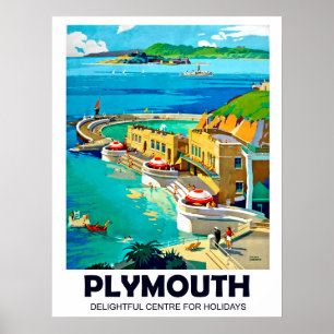 Plymouth, zeegezicht, vintage reis poster