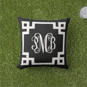 PMB zwart-wit Grieks Key Script Monogram Buitenkussen