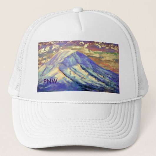 PNW White Trucker Hat- Mount Rainier Pet (Voorkant)