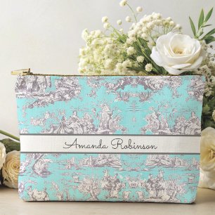 Pochette À Accessoires Aqua vintage fleuri bleu toile de jouy monogramme