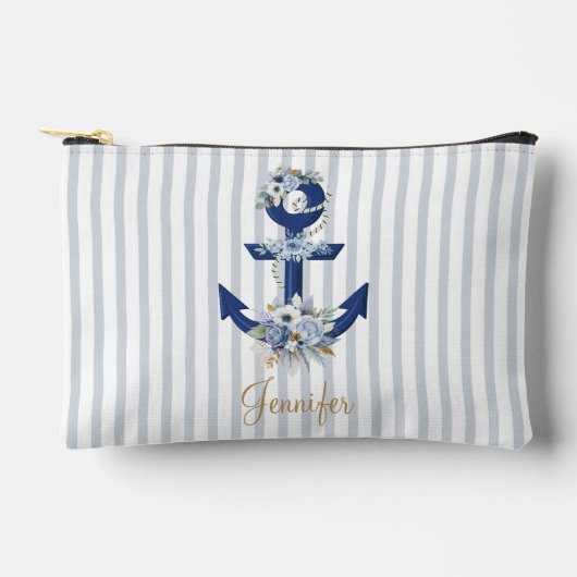 Pochette À Accessoires aquarelle florale bleu marine rayures or nom (Recto)