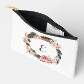 Pochette À Accessoires Aquarelle Florale Wreath avec plumes | Monogramme (Ouvrir)